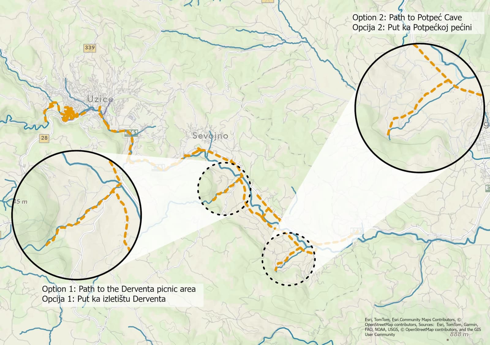 Map: additions to the bicycle path towards the Derventa picnic area and the Potpeć Cave