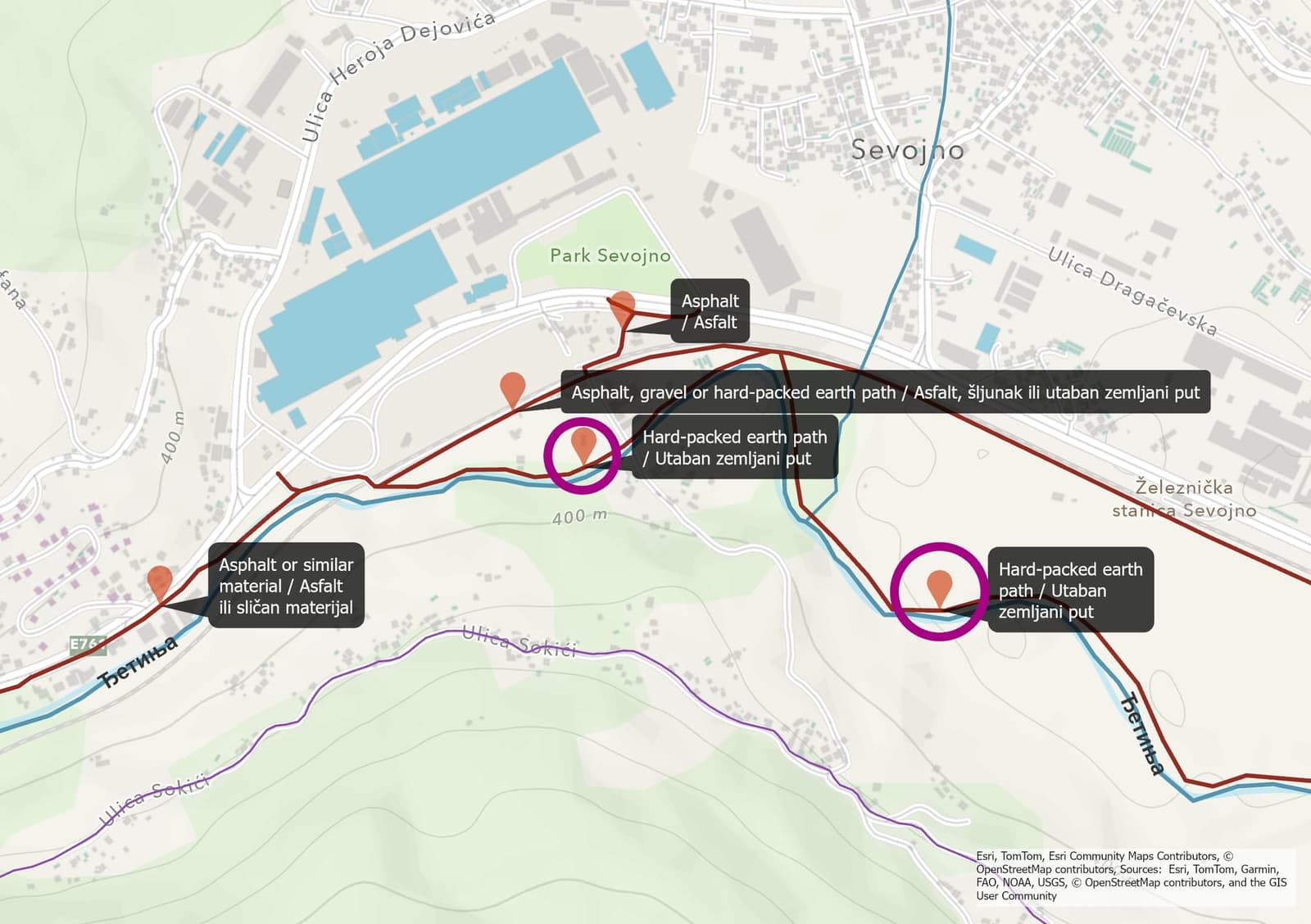 Map: recommended path materials on the section near Sevojno – asphalt, gravel and hard-packed earth