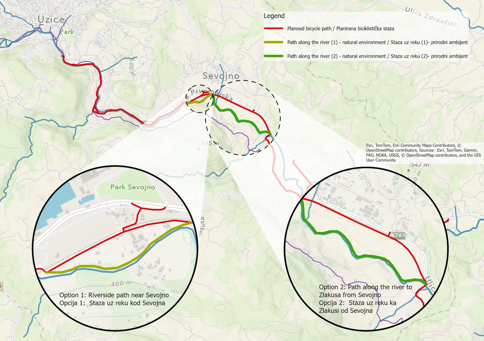 Map: the planned path and two options for a riverside path near Sevojno and towards Zlakusa